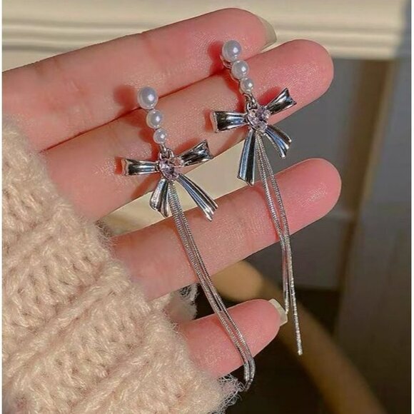 Fashion Metal Bowknot Long Tassel Drop Earrings - Picture 2 of 6